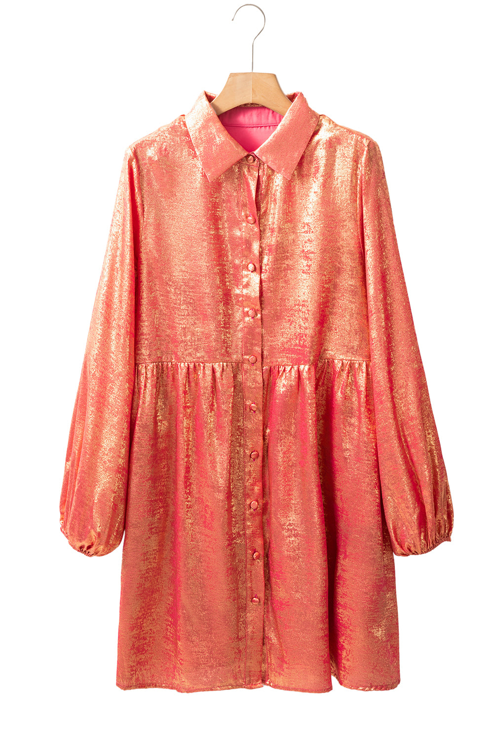 Apricot Metallic Sheen Puff Sleeve Button Up Mini Shirt Dress