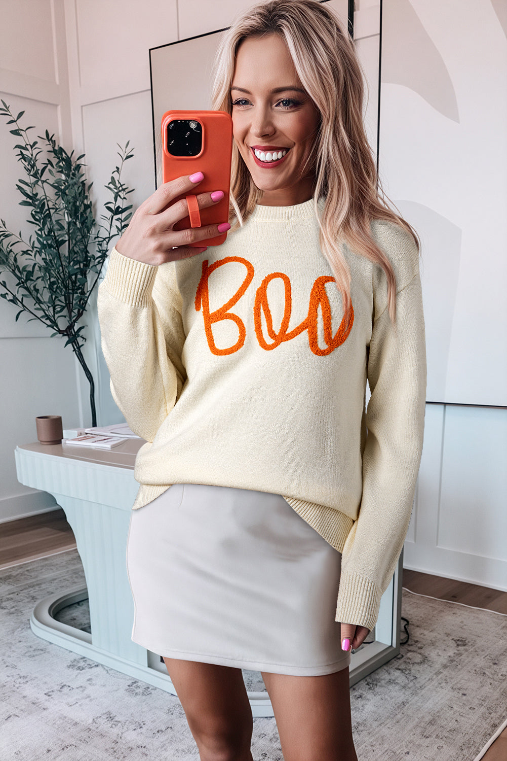 Apricot Boo Knitted Pattern Ribbed Edge Drop Shoulder Sweater