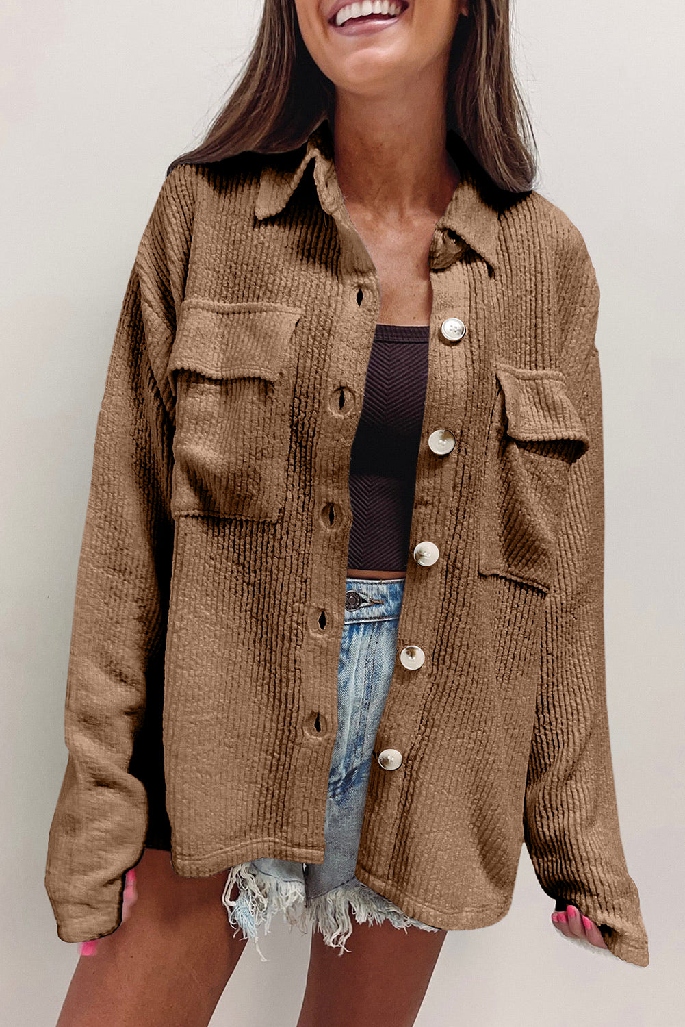 Apricot Solid Color Corduroy Buttoned Long Sleeve Shacket