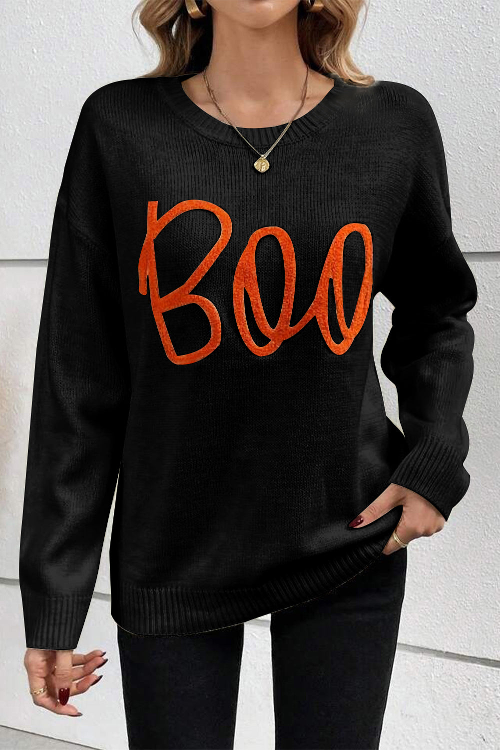 Apricot Boo Knitted Pattern Ribbed Edge Drop Shoulder Sweater