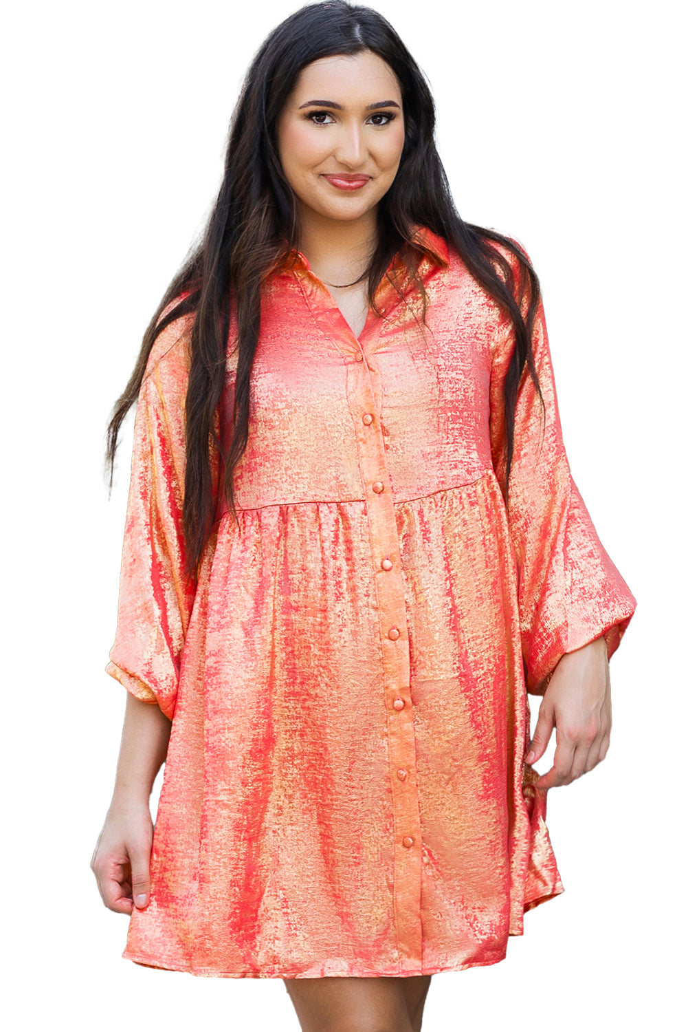 Apricot Metallic Sheen Puff Sleeve Button Up Mini Shirt Dress