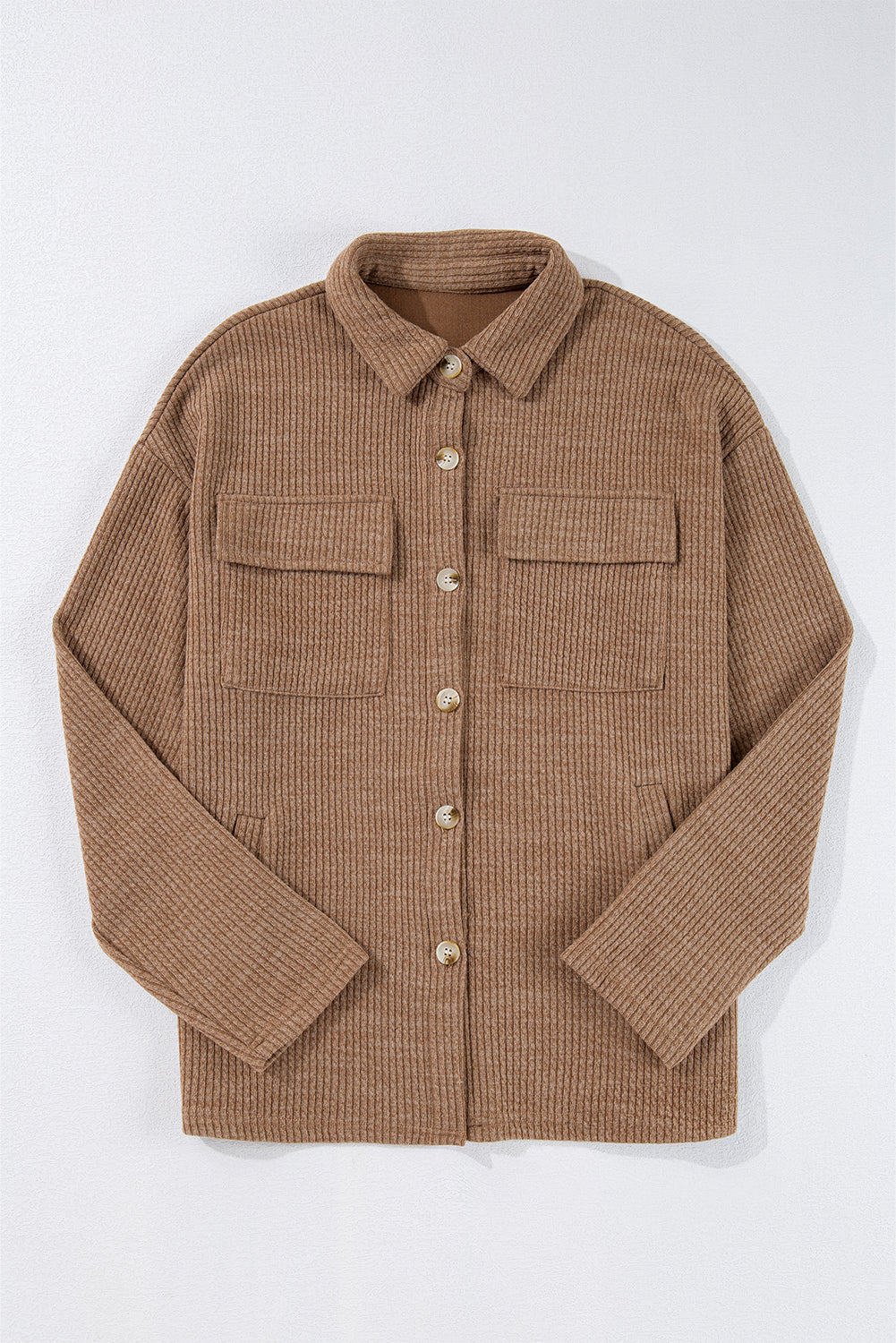 Apricot Solid Color Corduroy Buttoned Long Sleeve Shacket